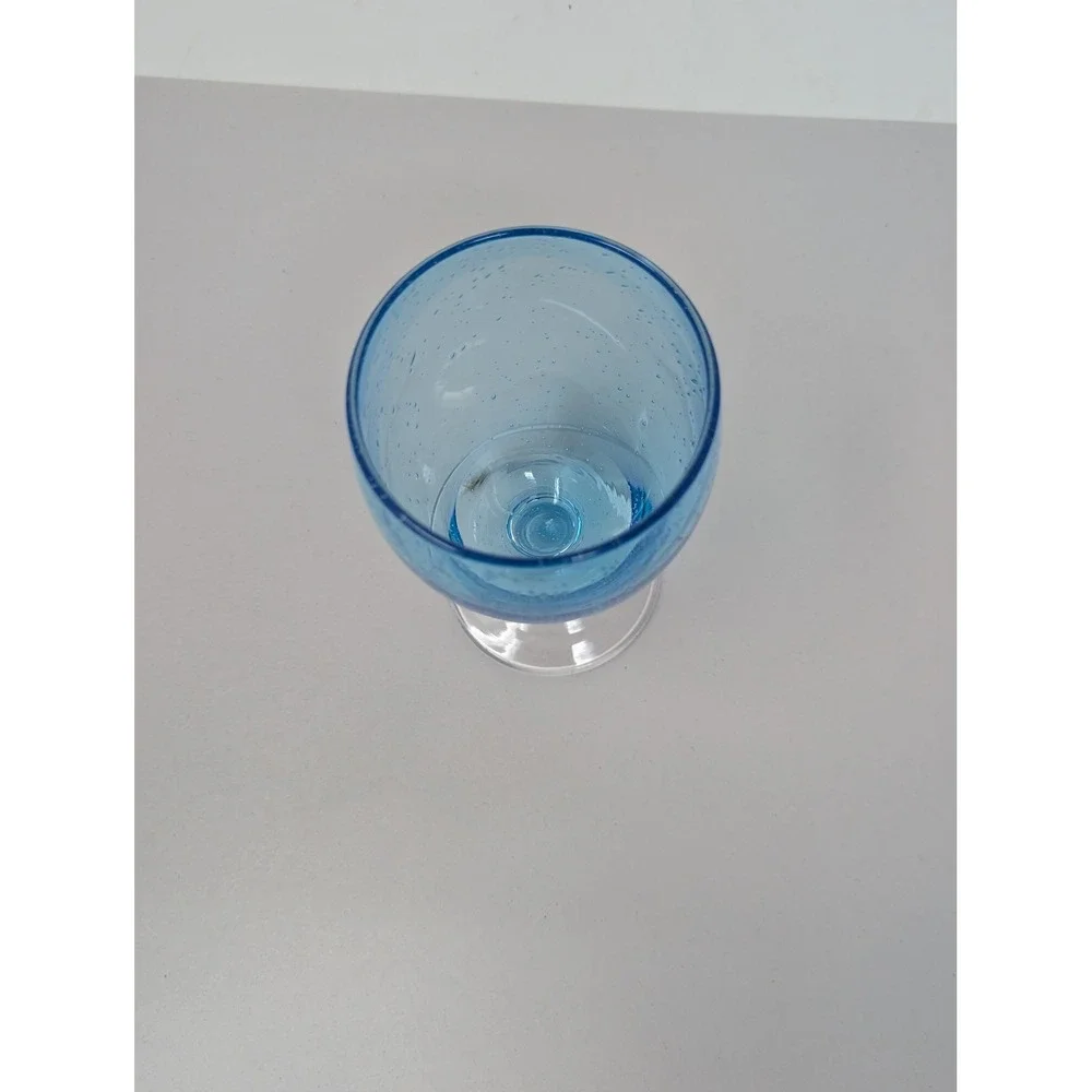 Crate & Barrel Cabana Goblet Cup Hand Blown Blue Seeded Glass Stemmed‎ Artisan